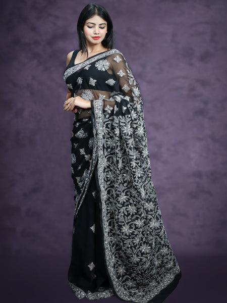 Shiksha Raghuvanshi in Handmade Black Georgette Chikan Saree With Allover Booti And Gotta Patti Work