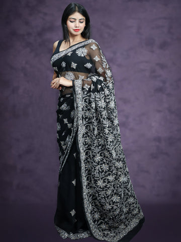 Shiksha Raghuvanshi in Handmade Black Georgette Chikan Saree With Allover Booti And Gotta Patti Work