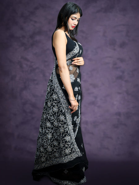 Shiksha Raghuvanshi in Handmade Black Georgette Chikan Saree With Allover Booti And Gotta Patti Work