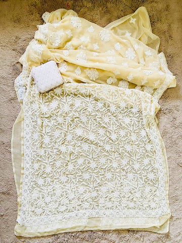 Cream Georgette Handmade Chikan Sari With All Over Booti And Mukaish Work