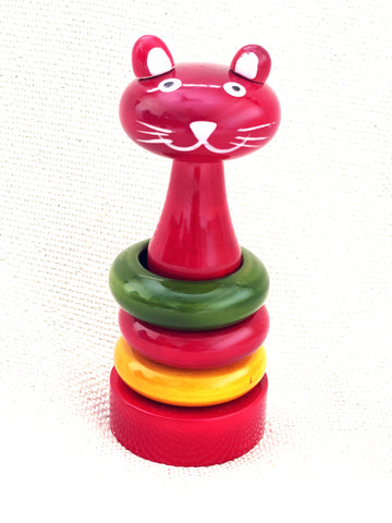 Wooden Rattle-Kitty With Multicolour Rings