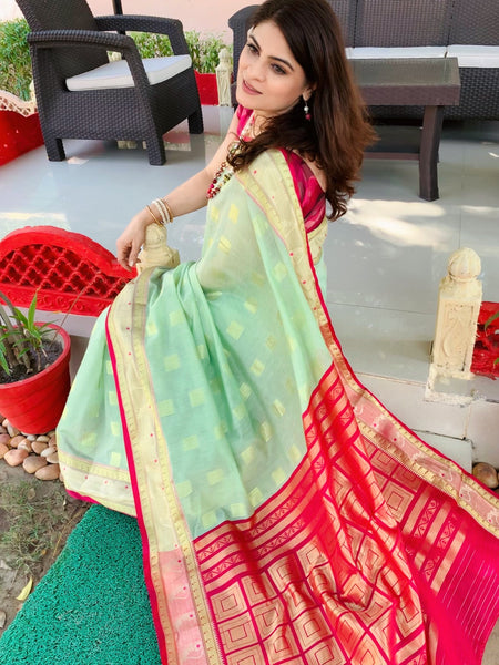 Naveena Kapoor In Chanderi Cotton Silk Golden Zari Designer Sari. Available In 7 Colours.