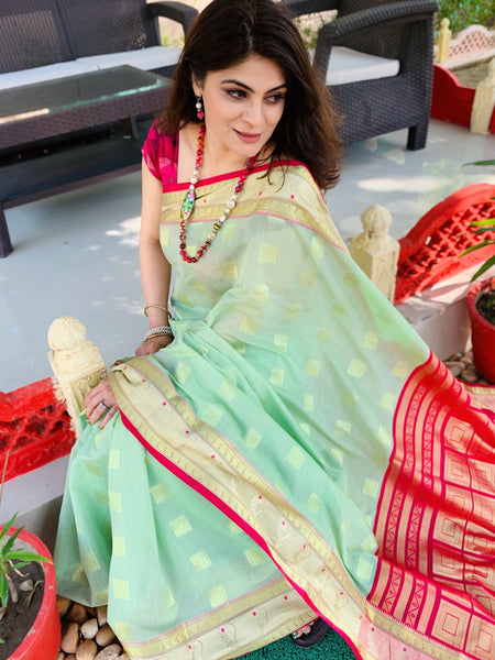 Naveena Kapoor In Chanderi Cotton Silk Golden Zari Designer Sari. Available In 7 Colours.