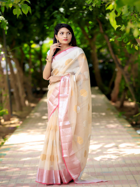 Bhawna Verma In Kota Doria Silver and Gold Boota Saree with matching Pallu. Available in 2 colours.
