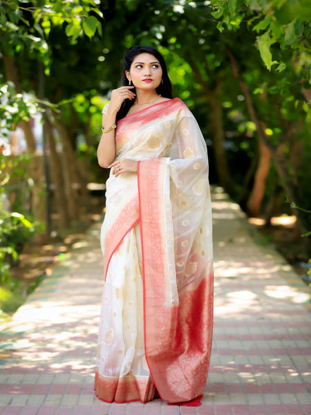 Bhawna Verma In Scarlet Banarsi Kora Silk With Contrast . Available in 3 colours.