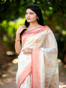 Bhawna Verma In Scarlet Banarsi Kora Silk With Contrast . Available in 3 colours.