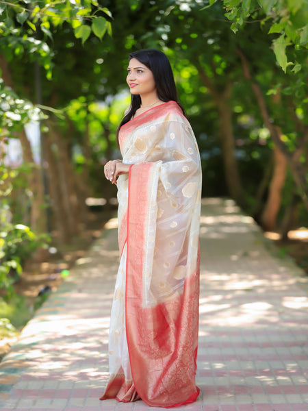 Bhawna Verma In Scarlet Banarsi Kora Silk With Contrast . Available in 3 colours.