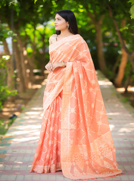 Bhawna Verma In Apricot Banarsi Silk Saree With Meena Border And Booti Work