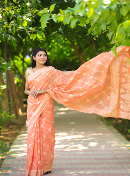 Bhawna Verma In Apricot Banarsi Silk Saree With Meena Border And Booti Work