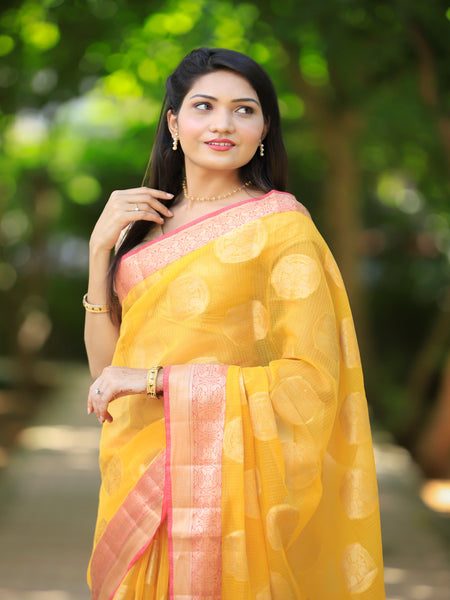 Bhawna Verma In Kota Doria Gold Boota Saree With Contrast Pallu. Available In 3 Colours.