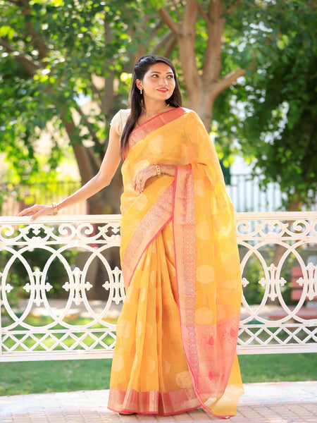 Bhawna Verma In Kota Doria Gold Boota Saree With Contrast Pallu. Available In 3 Colours.