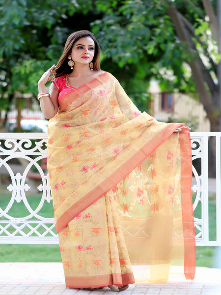 Raj Nandini Choudhary in Golden Kota Doria Check Tissue Saree with Matching Pallu. Available in 2 colours.