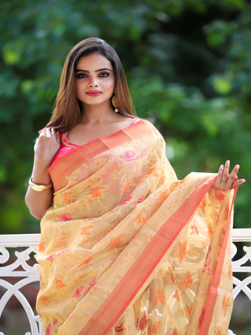 Raj Nandini Choudhary in Golden Kota Doria Check Tissue Saree with Matching Pallu. Available in 2 colours.