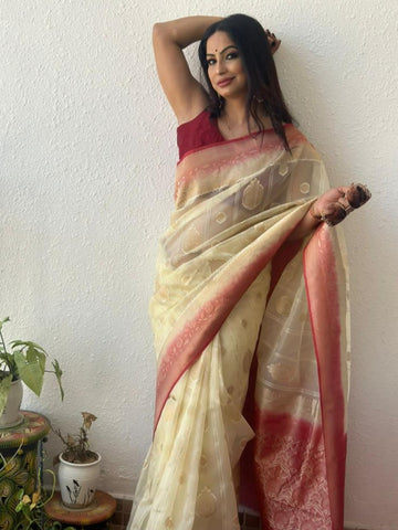 Reena Dwivedi In Banarsi Kora Silk With Contrast . Available In 3 Colours.