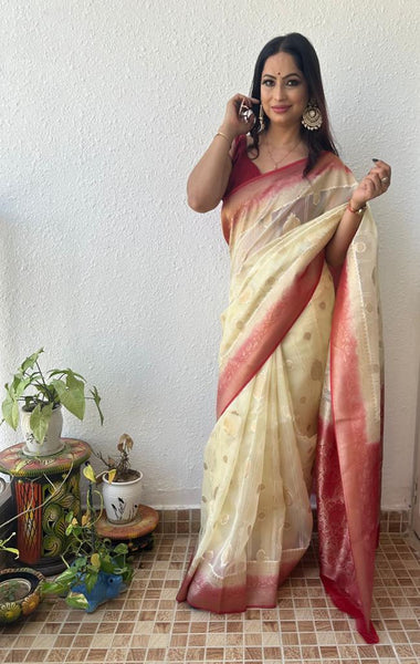 Reena Dwivedi In Banarsi Kora Silk With Contrast . Available In 3 Colours.