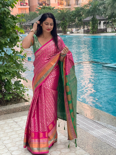 Reena Dwivedi In Pink Kanjivaram Saree With Contrast Green Pallu