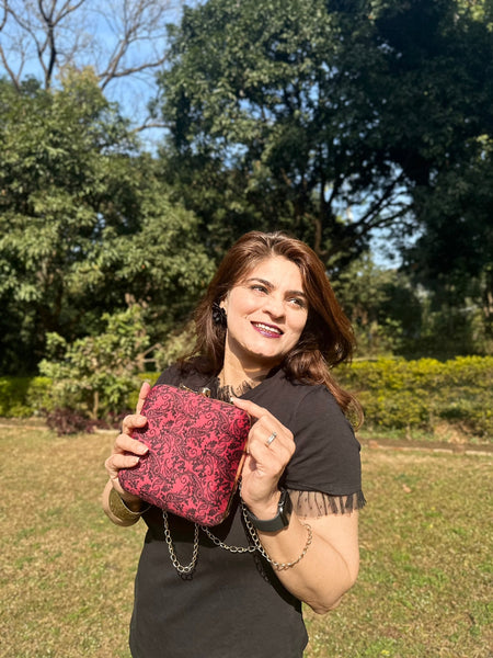 Velvet Square Clutch With Both Side Same Design And Sling Chain Included