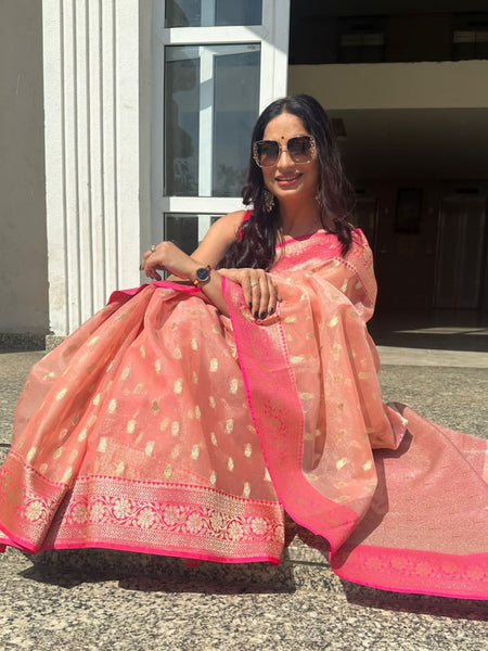 Reena Dwivedi In Kota Doria Saree. Available In 2 Colours.