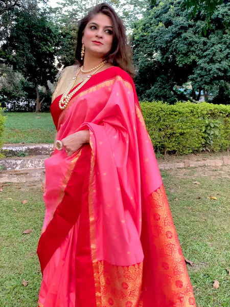 Naveena Kapoor In Traditional Garad-Korial Bengali Silk Saree With Contrast Pallu. Available In 3 Colours.