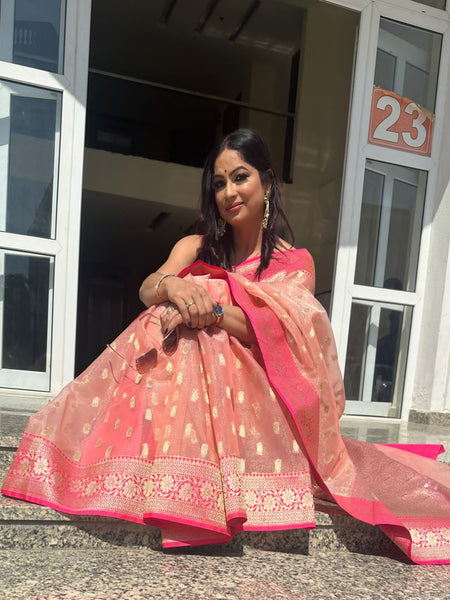 Reena Dwivedi In Kota Doria Saree. Available In 2 Colours.