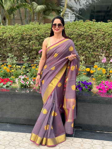 Reena Dwivedi In Designer Linen Saree With Zari Pallu