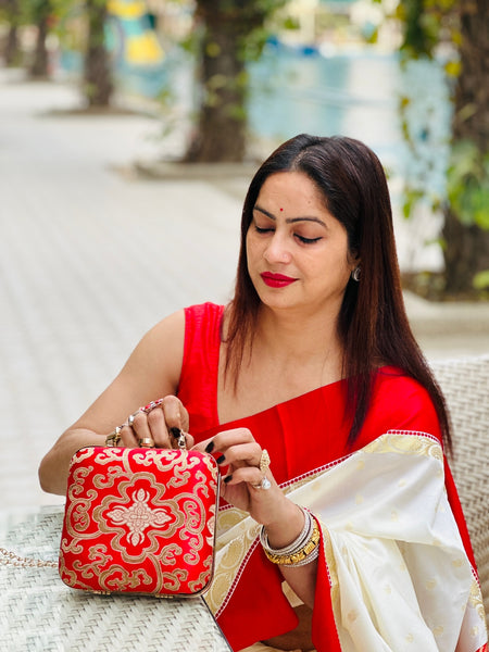 Brocade Square Clutch With Both Side Same Design And Sling Chain Included