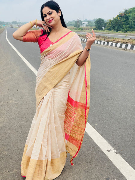 Reena Dwivedi In Blended Linen Silk Saree. Available In 5 Different Palla And Border Colours.