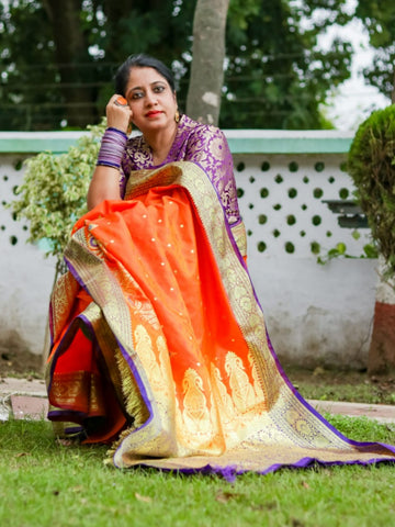 Ramya Pathak In Orange Banarsi Designer Saree With Contrast Purple Pallu And Golden Zari Work