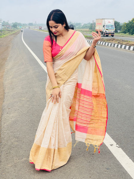 Reena Dwivedi In Blended Linen Silk Saree. Available In 5 Different Palla And Border Colours.