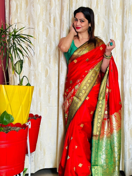 Reena Dwivedi In Banarsi Silk Saree. Available In 3 Colours.