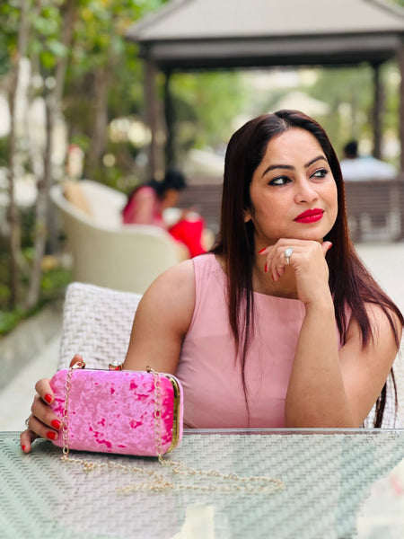 Velvet Rectangular Clutch With Both Side Same Design And Sling Chain Included