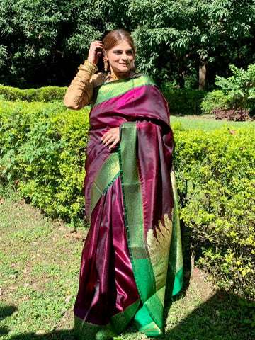 Naveena Kapoor In Banarsi Silk Designer Sari. Available In 4 Colours.