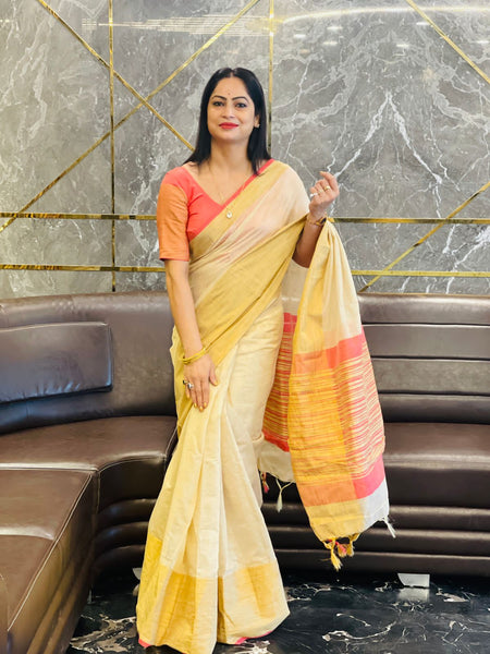 Reena Dwivedi In Blended Linen Silk Saree. Available In 5 Different Palla And Border Colours.