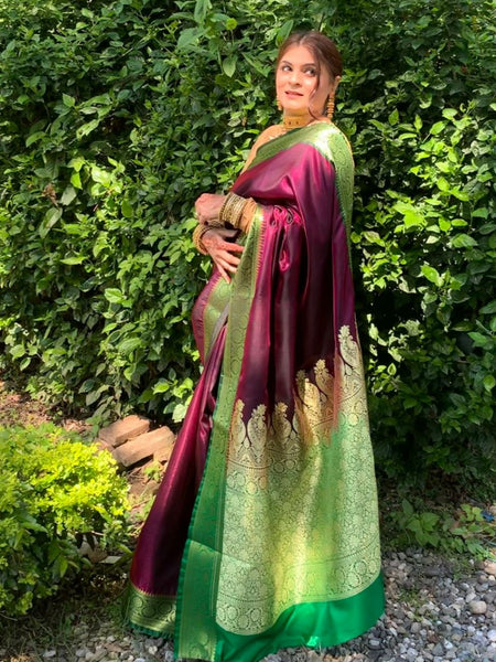 Naveena Kapoor In Banarsi Silk Designer Sari. Available In 4 Colours.