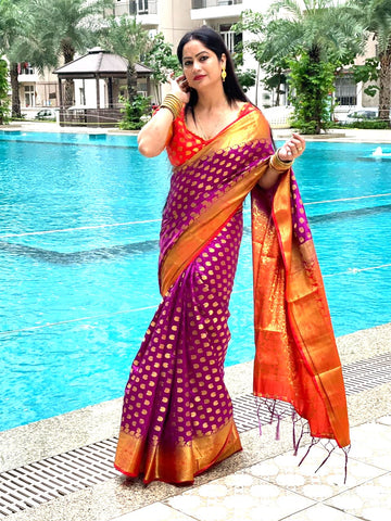 Reena Dwivedi In Banarsi Silk Saree. Available In 8 colours.