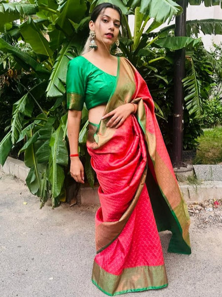 Shikha Choudhary In French Rose Kanjivaram Silk Saree With Copper Zari Work. Available in 3 colours.