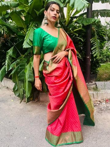 Shikha Choudhary In French Rose Kanjivaram Silk Saree With Copper Zari Work. Available in 3 colours.