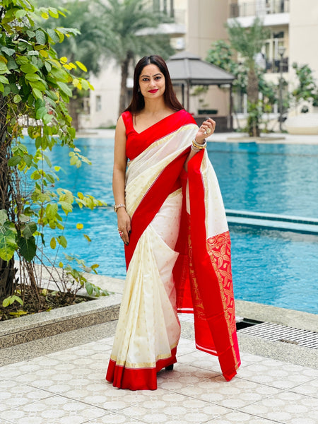 Reena Dwivedi In Traditional Garad-Korial Bengali Silk Saree With Contrast Pallu. Available in 6 Colours.