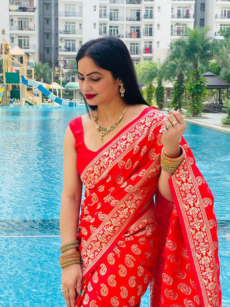 Reena Dwivedi In Handmade Red Banarsi Silk Designer Saree. Available In 4 Designs.