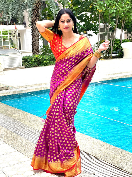 Reena Dwivedi In Banarsi Silk Saree. Available In 8 colours.