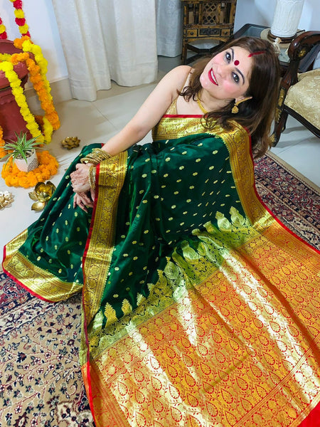 Naveena Kapoor In Banarsi Silk Saree. Available In 3 Colours.